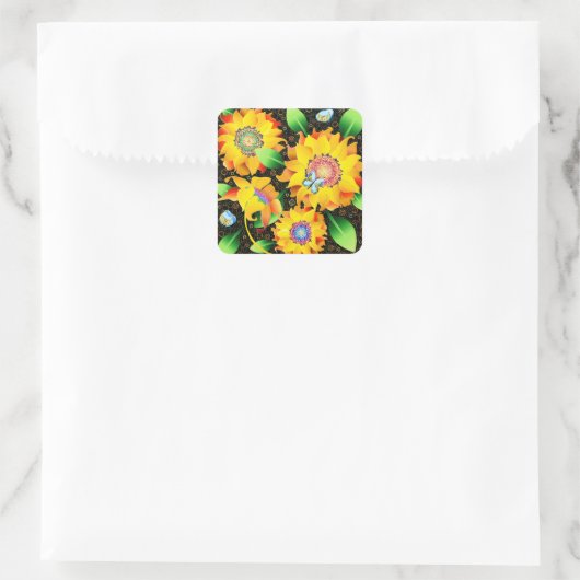Zonnebloem vlinder tuin vierkante sticker (Tas)