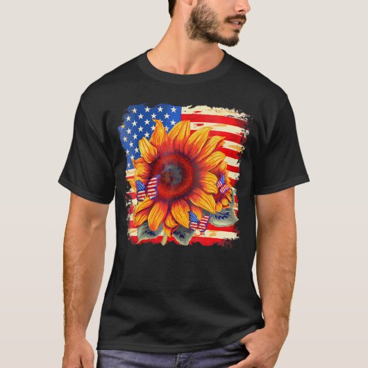 Zonnebloem Vlinder VS Vlag Amerika V-hals T-shirt (Voorkant)