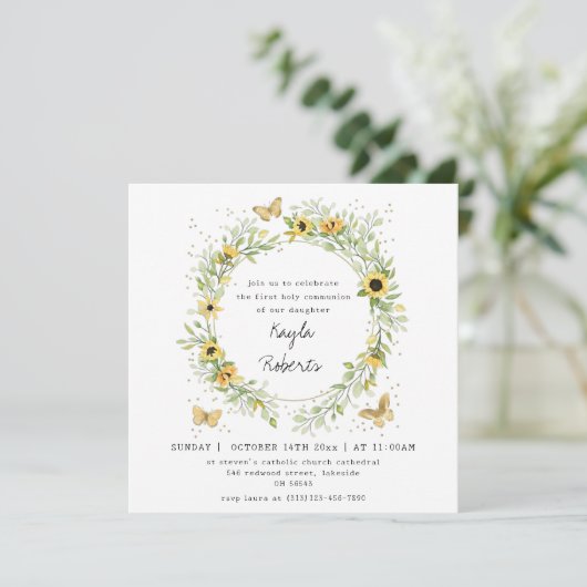 Zonnebloem & Vlinders Eerste Heilige Communie Kaart (Staand voorkant)