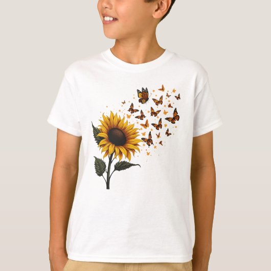 Zonnebloem & vlinders kunst t-shirt (Voorkant)