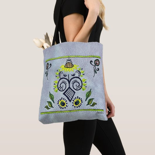 Zonnebloem Volkspatroon op denim van Alexandra Coo Tote Bag (Dichtbij)