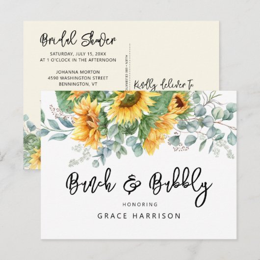 Zonnebloem voor bruch & Bubble Vrijgezellenfeest Uitnodiging Briefkaart (Voorkant / Achterkant)