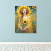 Zonnebloem Vrouw Art Nouveau Schilderij Canvas Afdruk (Insitu (Houten vloer))