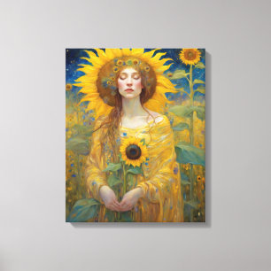 Zonnebloem Vrouw Art Nouveau Schilderij Canvas Afdruk