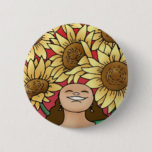 Zonnebloem Vrouw — Bloom! Ronde Button 5,7 Cm