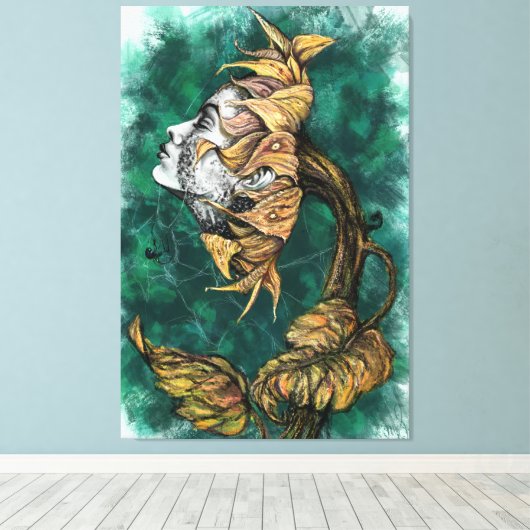 Zonnebloem Vrouw Canvas Print (Insitu (Houten vloer))