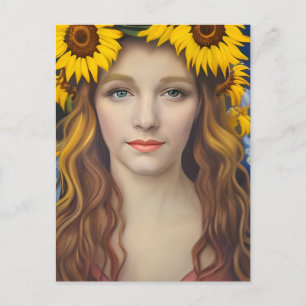 Zonnebloem Vrouw Kroon Ansichtkaart Briefkaart