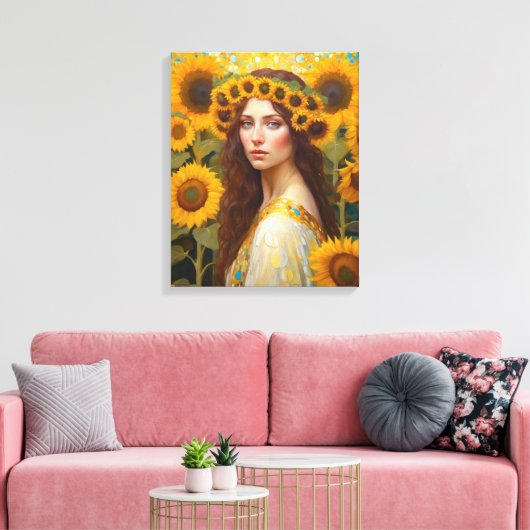 Zonnebloem Vrouw met Haarkrans Canvas Afdruk (Insitu (Woonkamer))