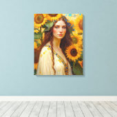 Zonnebloem Vrouw met Wildflower Haarkrans Canvas Afdruk (Insitu (Houten vloer))