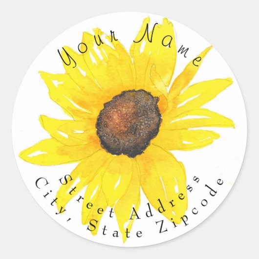 Zonnebloem Waterverf adreslabel Ronde Sticker (Voorkant)