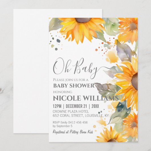 Zonnebloem Waterverf Baby shower Schilderend Lijst Kaart (Voorkant / Achterkant)