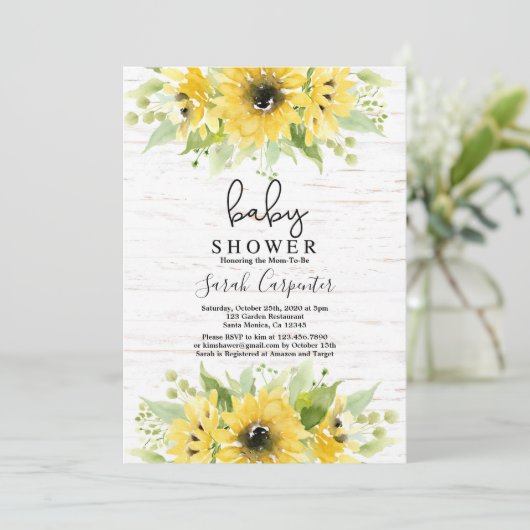 Zonnebloem waterverf Baby shower Uitnodiging (Staand voorkant)