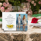 Zonnebloem waterverf blauw bruiloft fotoUitnodigin Kaart