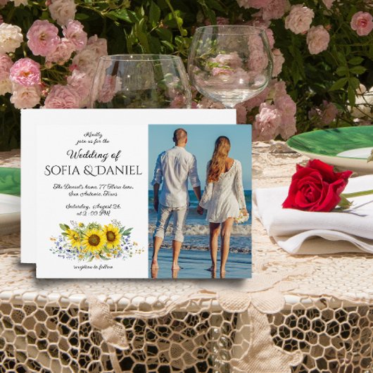Zonnebloem waterverf blauw bruiloft fotoUitnodigin Kaart