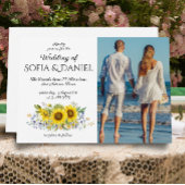 Zonnebloem waterverf blauw bruiloft fotoUitnodigin Kaart