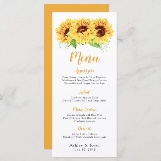 Zonnebloem Waterverf Bloemen Bruiloft Menu (Voorkant / Achterkant)