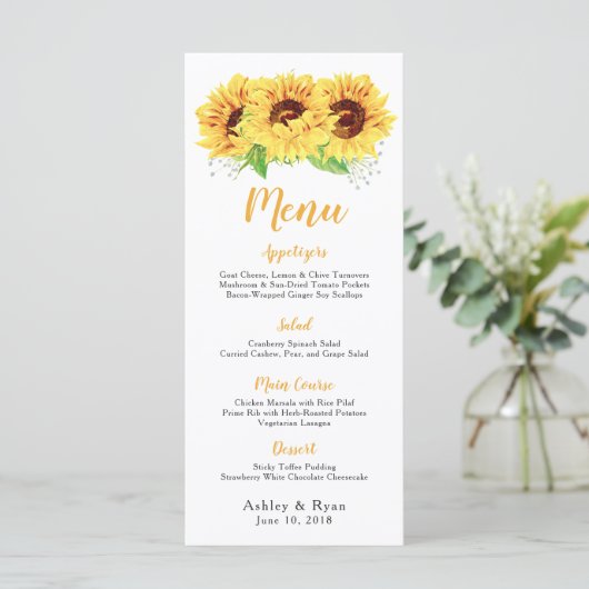 Zonnebloem Waterverf Bloemen Bruiloft Menu (Staand voorkant)