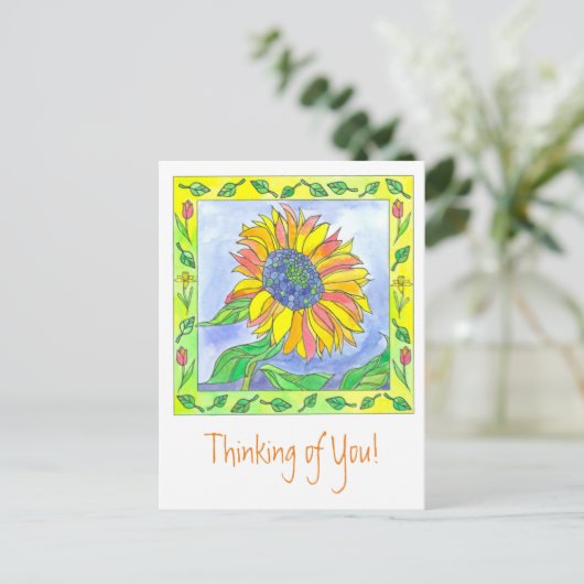 Zonnebloem Waterverf Bloemen Denken aan jou Briefkaart (Staand voorkant)