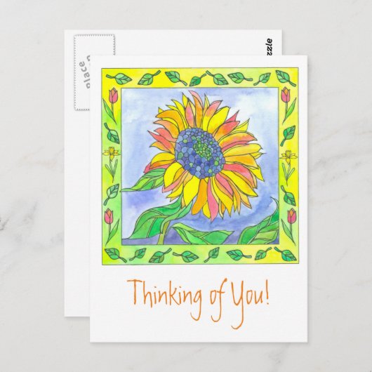 Zonnebloem Waterverf Bloemen Denken aan jou Briefkaart (Voorkant / Achterkant)