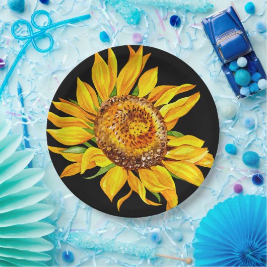 Zonnebloem Waterverf Bloemen Geel Zwart Papieren Bordje (Feest)