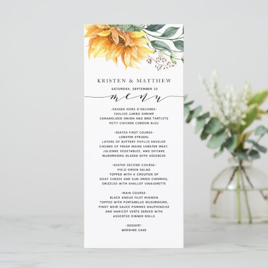 Zonnebloem Waterverf Botanische Moderne Bruiloft Menu (Staand voorkant)