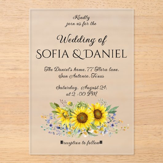 Zonnebloem waterverf bruiloft acryl uitnodiging (Voorkant)