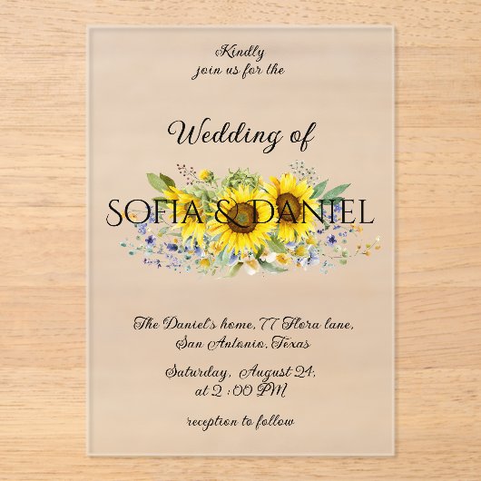 Zonnebloem waterverf bruiloft acryl uitnodiging (Voorkant)