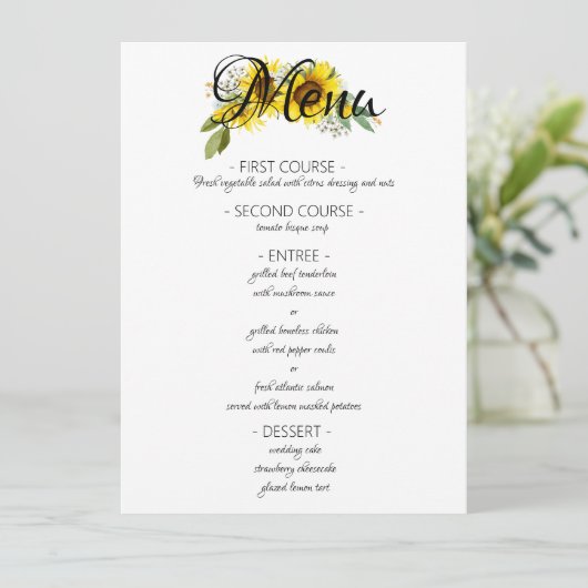 Zonnebloem waterverf elegante bruiloft menu (Staand voorkant)