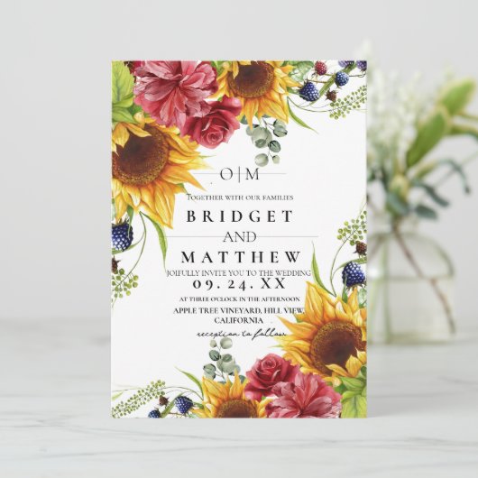 Zonnebloem Waterverf Floral bruiloft uitnodiging (Staand voorkant)