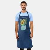 Zonnebloem Waterverf Floral Navy Blue White Naam Schort (Gedragen)