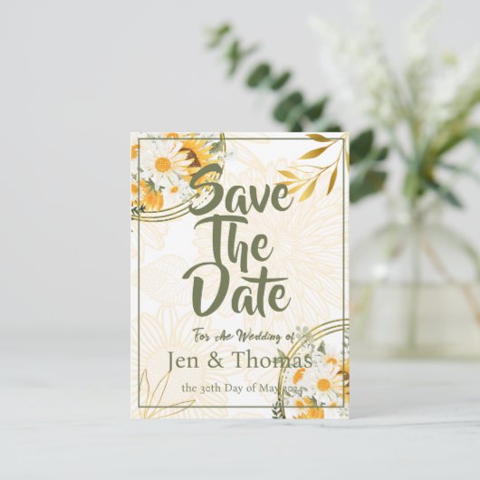 Zonnebloem Waterverf Floral Save the Date Briefkaart (Staand voorkant)