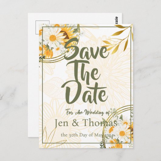 Zonnebloem Waterverf Floral Save the Date Briefkaart (Voorkant / Achterkant)