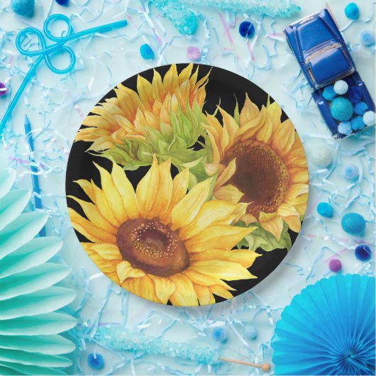 Zonnebloem Waterverf Flowers Yellow Black Paper Pl Papieren Bordje (Feest)
