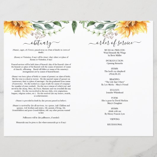 Zonnebloem Waterverf Foto Funeral Full Programme (Achterkant)