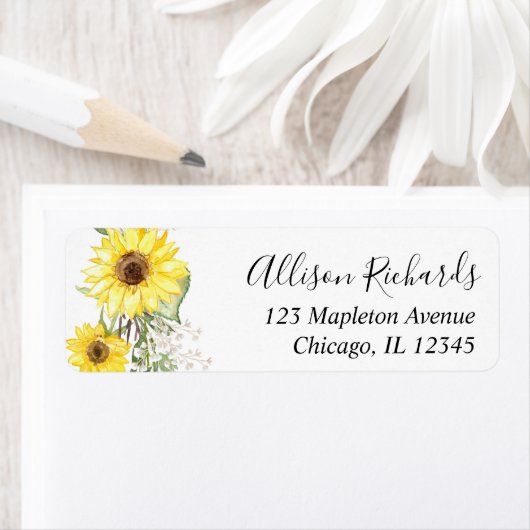 Zonnebloem waterverf geel retouradres etiket (Insitu)