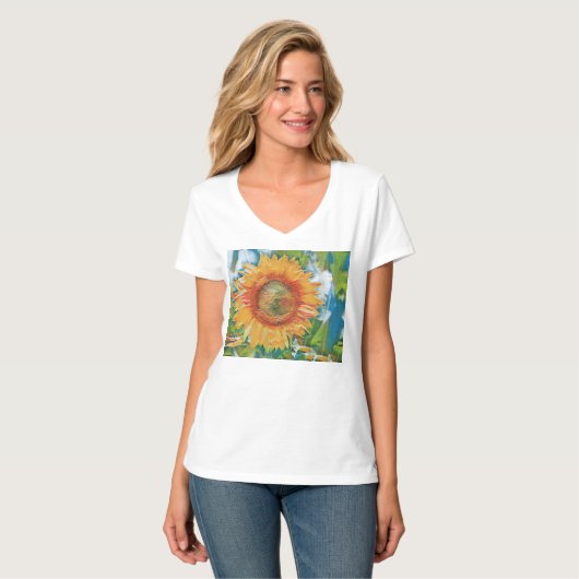 zonnebloem Waterverf groene blauwe achtergrond T-shirt (Voorkant volledig)