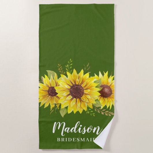 Zonnebloem Waterverf Groene Bridesmaid Favor Strandlaken (Voorkant)