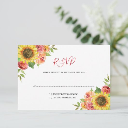 Zonnebloem Waterverf Koraalbloem RSVP Kaartje (Staand voorkant)