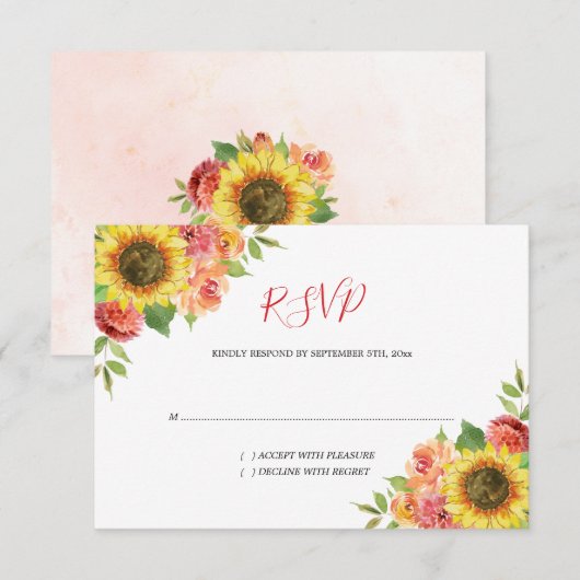 Zonnebloem Waterverf Koraalbloem RSVP Kaartje (Voorkant / Achterkant)