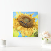 Zonnebloem Waterverf Land Geel Blauw Rustisch Vierkante Klok (Huis)