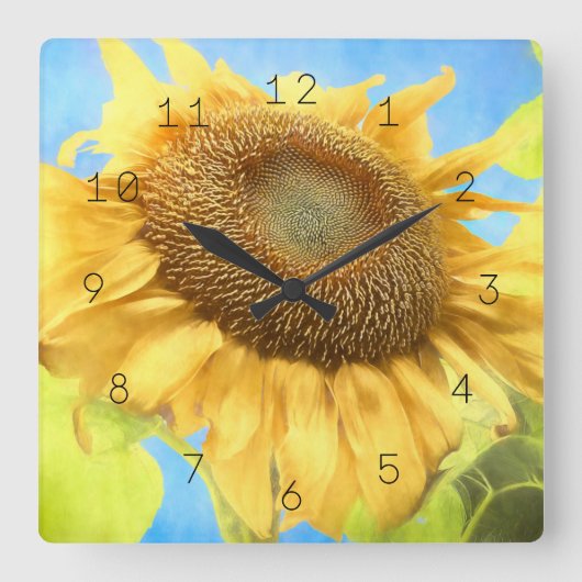 Zonnebloem Waterverf Land Geel Blauw Rustisch Vierkante Klok (Voorkant)