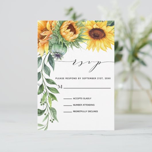 Zonnebloem Waterverf Modern Botanisch RSVP Kaartje (Staand voorkant)