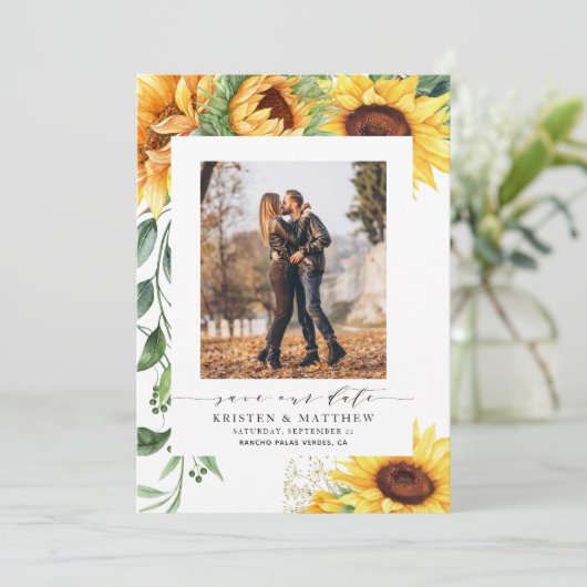 Zonnebloem Waterverf Modern Foto Save The Date (Staand voorkant)