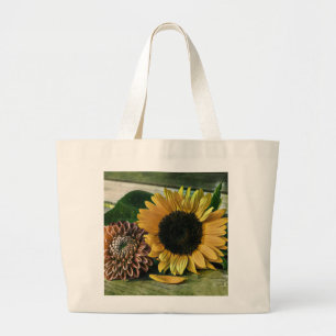  zonnebloem-Waterverf op een houten tafel Grote Tote Bag
