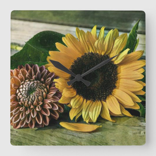  zonnebloem-Waterverf op een houten tafel    Vierkante Klok (Voorkant)