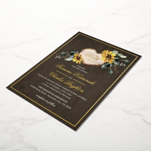 Zonnebloem Waterverf rustieke hart bruiloft Folie Uitnodiging (Gedraaid)