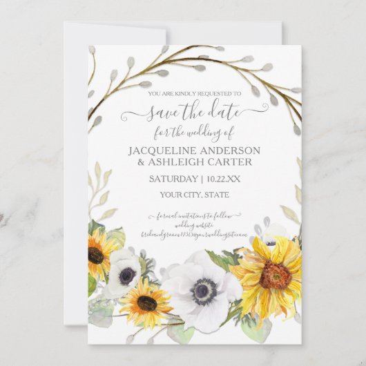 Zonnebloem Waterverf Rustige sparen de Datum Kaart (Voorkant)