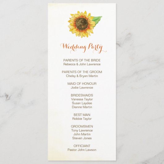 Zonnebloem Waterverf Trouwprogramma's Programmakaart (Achterkant)