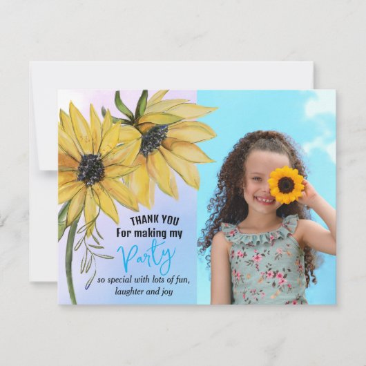 Zonnebloem Waterverf Vijfde Meisje Foto Verjaardag Bedankkaart (Voorkant)