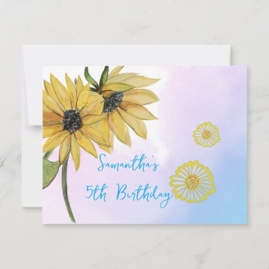 Zonnebloem Waterverf Vijfde Meisje Foto Verjaardag Bedankkaart (Achterkant)